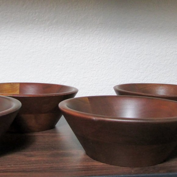 Vintage Mid Century Modern Vermillion Real Walnut Set of 5 Salad Bowls 6" - Picture 5 of 6